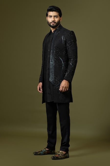 Shop PAARSH Black Bamboo, Cotton Beads, Sequins, Cut Abstract Embroidered Achkan Kurta Set Online at Aza Fashions Shop_PAARSH_Black Bamboo, Cotton Beads, Sequins, Cut Abstract Embroidered Achkan Kurta Set _Online_at_Aza_Fashions