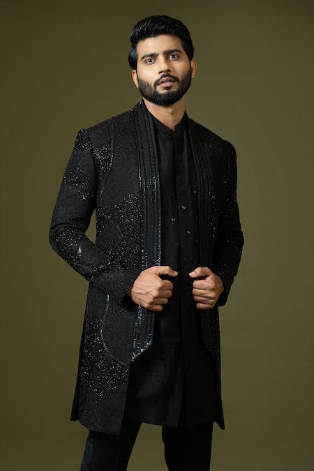 PAARSH Black Bamboo, Cotton Beads, Sequins, Cut Abstract Embroidered Achkan Kurta Set at Aza Fashions PAARSH_Black Bamboo, Cotton Beads, Sequins, Cut Abstract Embroidered Achkan Kurta Set _at_Aza_Fashions