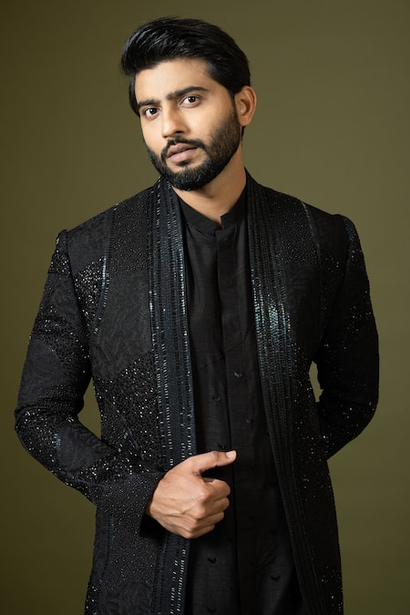 Buy PAARSH Black Bamboo, Cotton Beads, Sequins, Cut Abstract Embroidered Achkan Kurta Set Buy_PAARSH_Black Bamboo, Cotton Beads, Sequins, Cut Abstract Embroidered Achkan Kurta Set