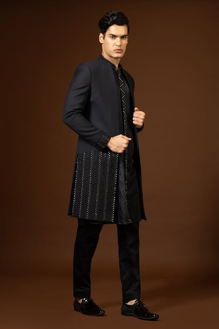 PAARSH_Black Terrycloth Sequins, Embroidery Achkan And Kurta Set _Online_at_Aza_Fashions