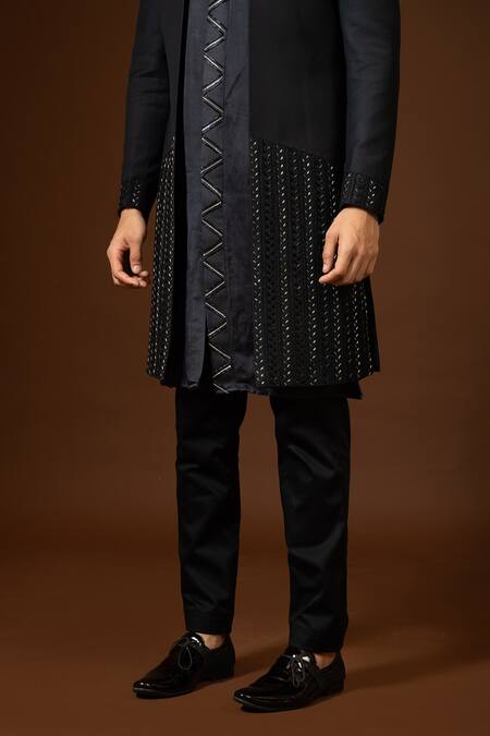 Buy_PAARSH_Black Terrycloth Sequins, Embroidery Achkan And Kurta Set _Online_at_Aza_Fashions