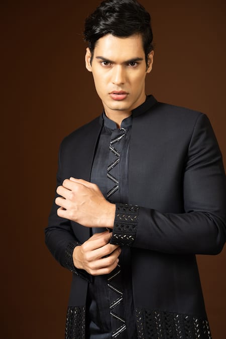 Shop_PAARSH_Black Terrycloth Sequins, Embroidery Achkan And Kurta Set _Online_at_Aza_Fashions