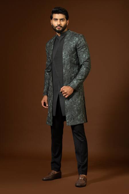 PAARSH_Green Terrycloth Embroidery Resham Achkan Trouser Set _Online_at_Aza_Fashions