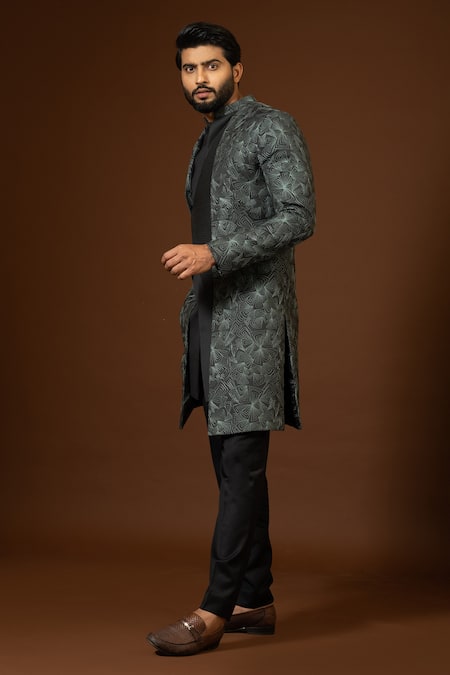 Buy_PAARSH_Green Terrycloth Embroidery Resham Achkan Trouser Set _Online_at_Aza_Fashions