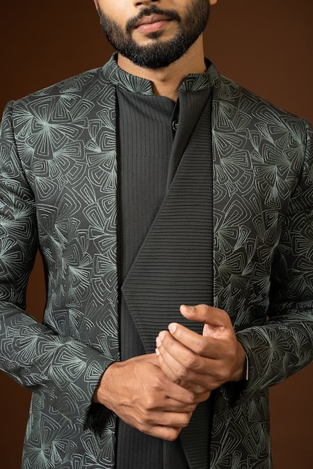 Shop_PAARSH_Green Terrycloth Embroidery Resham Achkan Trouser Set _Online_at_Aza_Fashions