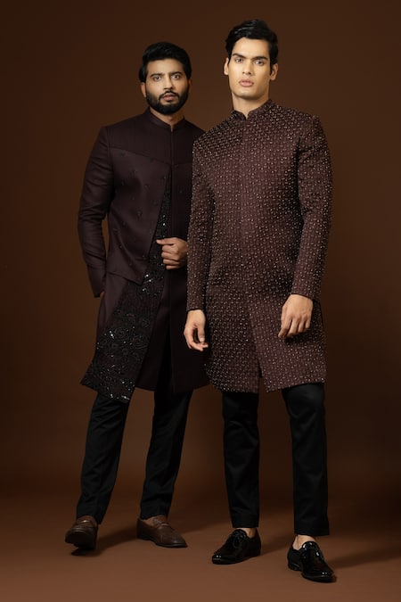 Paarsh_Wine Terrycloth Embroidery Cut Dana Work Achkan Trouser Set _Online_at_Aza_Fashions
