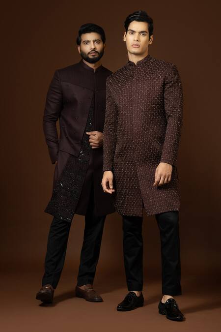 PAARSH_Wine Modal, Terrycloth Embroidery Leaf Thread Achkan Trouser Set _Online_at_Aza_Fashions