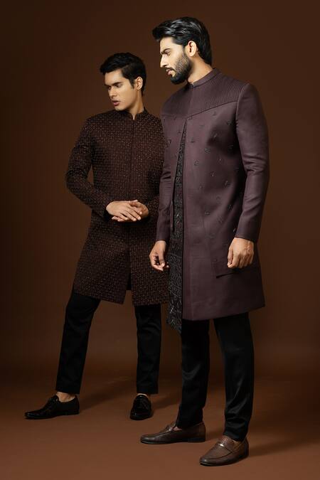 Buy_Paarsh_Wine Terrycloth Embroidery Cut Dana Work Achkan Trouser Set _Online_at_Aza_Fashions