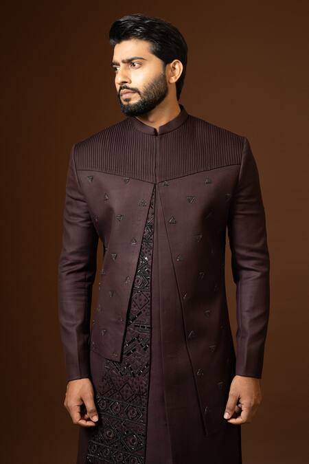 Shop_Paarsh_Wine Terrycloth Embroidery Cut Dana Work Achkan Trouser Set _Online_at_Aza_Fashions