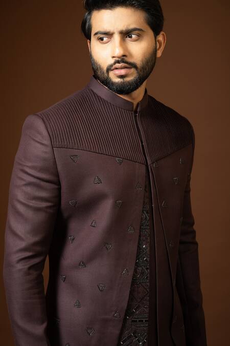 Paarsh_Wine Terrycloth Embroidery Cut Dana Work Achkan Trouser Set _at_Aza_Fashions