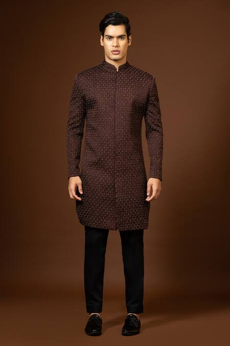 Shop_PAARSH_Wine Modal, Terrycloth Embroidery Leaf Thread Achkan Trouser Set _Online_at_Aza_Fashions