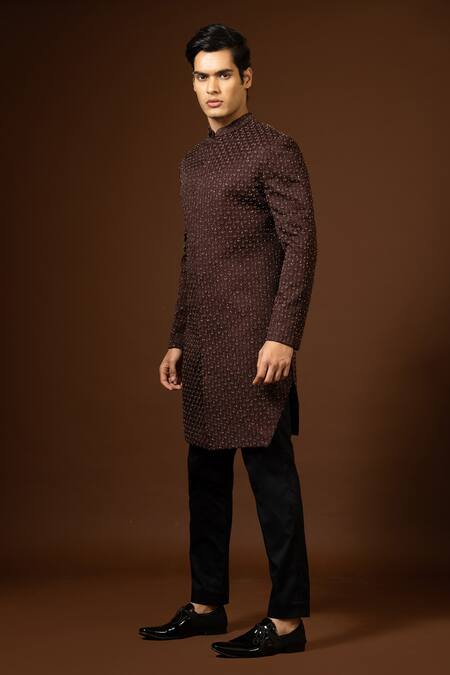 PAARSH_Wine Modal, Terrycloth Embroidery Leaf Thread Achkan Trouser Set _at_Aza_Fashions