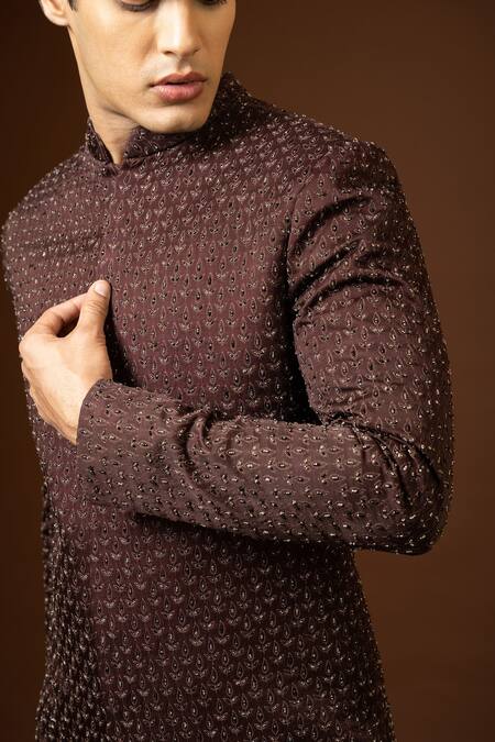 Buy_PAARSH_Wine Modal, Terrycloth Embroidery Leaf Thread Achkan Trouser Set 