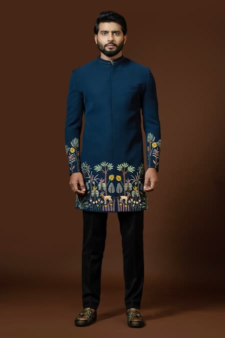 PAARSH_Blue Cotton, Terrycloth Embroidery Nairobi Jungle Achkan Trouser Set _Online_at_Aza_Fashions