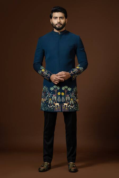 Buy_PAARSH_Blue Cotton, Terrycloth Embroidery Nairobi Jungle Achkan Trouser Set _Online_at_Aza_Fashions