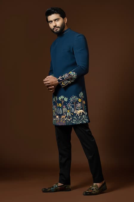 Shop_PAARSH_Blue Cotton, Terrycloth Embroidery Nairobi Jungle Achkan Trouser Set _Online_at_Aza_Fashions