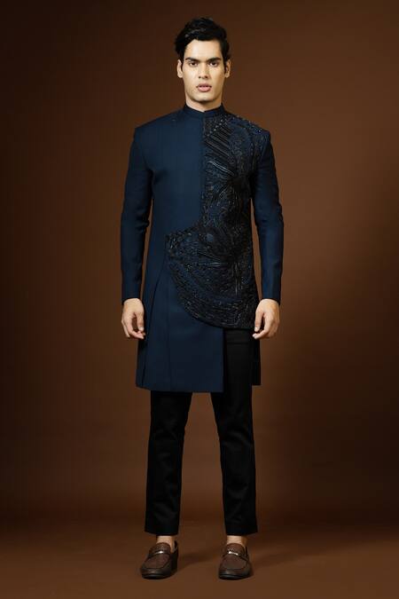 PAARSH_Blue Terrycloth Zari Asymmetric Embroidered Achkan Trouser Set _Online_at_Aza_Fashions