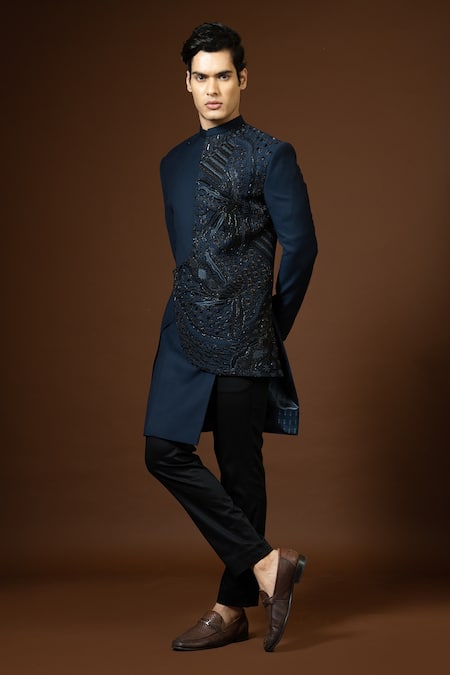 Buy_PAARSH_Blue Terrycloth Zari Asymmetric Embroidered Achkan Trouser Set _Online_at_Aza_Fashions