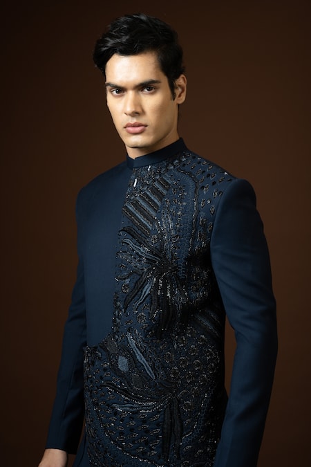 Shop_PAARSH_Blue Terrycloth Zari Asymmetric Embroidered Achkan Trouser Set _Online_at_Aza_Fashions