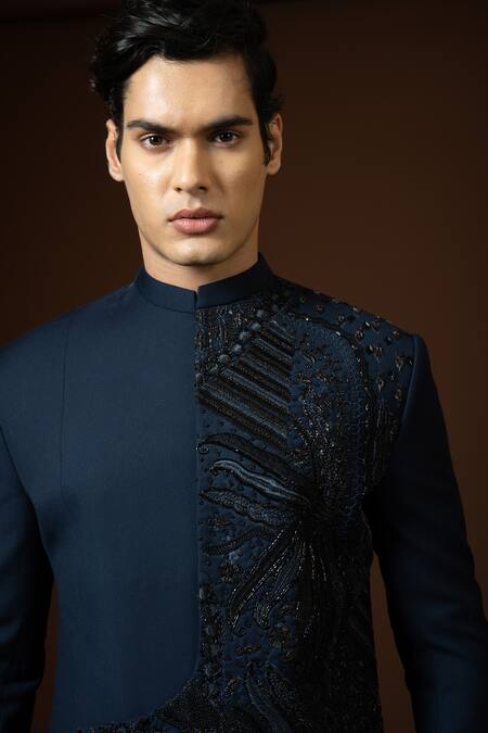 PAARSH_Blue Terrycloth Zari Asymmetric Embroidered Achkan Trouser Set _at_Aza_Fashions