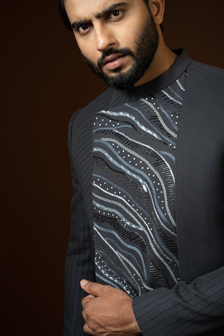 Shop_PAARSH_Gray Terrycloth Embroidery Charcoal Grey Pintuck Achkan Trouser Set _Online_at_Aza_Fashions