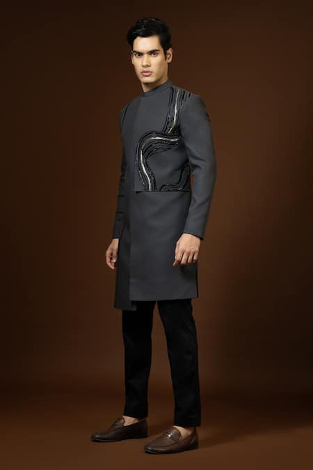 PAARSH_Grey Terrycloth, Cotton Beads, Placement Dana Embroidered Achkan Trouser Set _Online_at_Aza_Fashions