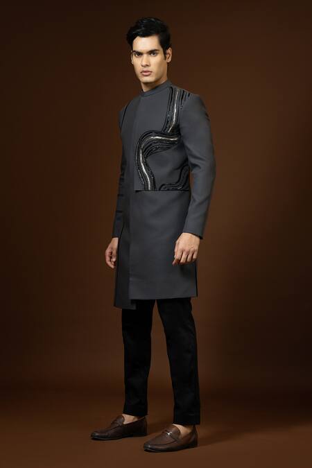 PAARSH_Gray Terrycloth Embroidery Charcoal Grey Pintuck Achkan Trouser Set _at_Aza_Fashions