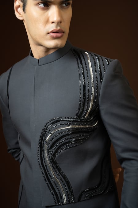 Buy_PAARSH_Grey Terrycloth, Cotton Beads, Placement Dana Embroidered Achkan Trouser Set _Online_at_Aza_Fashions