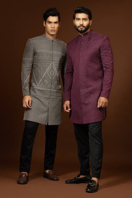 PAARSH_Grey Silk, Terrycloth Beads Embroidered Achkan Trouser Set _Online_at_Aza_Fashions