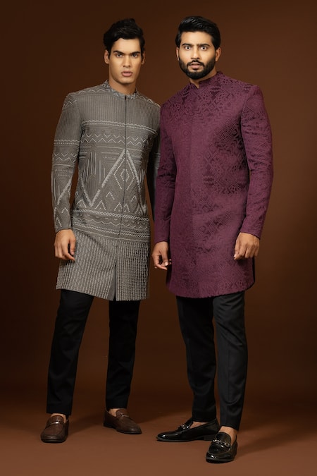 PAARSH Wine Modal, Cotton, Terrycloth Embroidery French Knot Achkan Trouser Set Online at Aza Fashions PAARSH_Wine Modal, Cotton, Terrycloth Embroidery French Knot Achkan Trouser Set _Online_at_Aza_Fashions