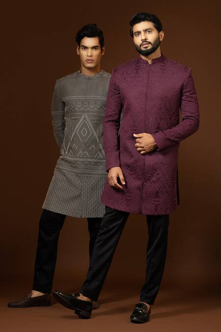 Buy_PAARSH_Grey Silk, Terrycloth Beads Embroidered Achkan Trouser Set _Online_at_Aza_Fashions