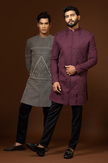 Buy PAARSH Wine Modal, Cotton, Terrycloth Embroidery French Knot Achkan Trouser Set Online at Aza Fashions Buy_PAARSH_Wine Modal, Cotton, Terrycloth Embroidery French Knot Achkan Trouser Set _Online_at_Aza_Fashions