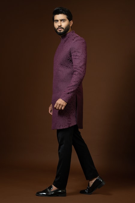 Shop PAARSH Wine Modal, Cotton, Terrycloth Embroidery French Knot Achkan Trouser Set Online at Aza Fashions Shop_PAARSH_Wine Modal, Cotton, Terrycloth Embroidery French Knot Achkan Trouser Set _Online_at_Aza_Fashions