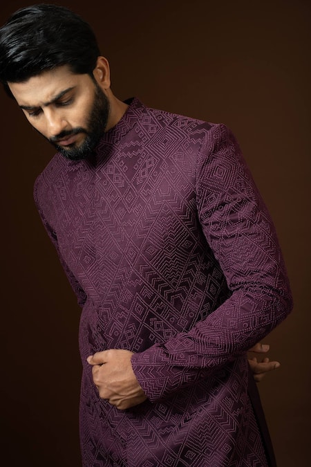 PAARSH Wine Modal, Cotton, Terrycloth Embroidery French Knot Achkan Trouser Set at Aza Fashions PAARSH_Wine Modal, Cotton, Terrycloth Embroidery French Knot Achkan Trouser Set _at_Aza_Fashions