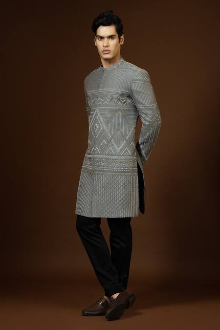 Shop_PAARSH_Grey Silk, Terrycloth Beads Embroidered Achkan Trouser Set _Online_at_Aza_Fashions