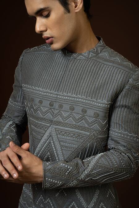 Buy_PAARSH_Grey Silk, Terrycloth Beads Embroidered Achkan Trouser Set 