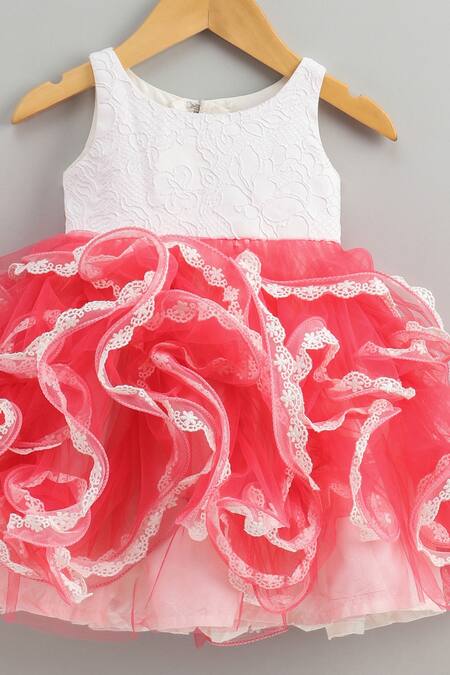 Pinkcow designs pvt ltd_Pink Polyester, Cotton Floral Pattern Frilled Dress _Online_at_Aza_Fashions