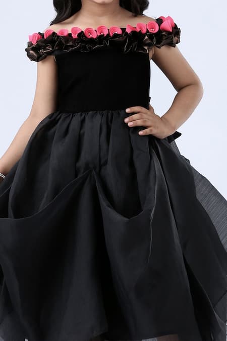 Pinkcow designs pvt ltd Black Organza, Velvet, Linen Applique Floral Draped Gown Online at Aza Fashions Pinkcow designs pvt ltd_Black Organza, Velvet, Linen Applique Floral Draped Gown _Online_at_Aza_Fashions