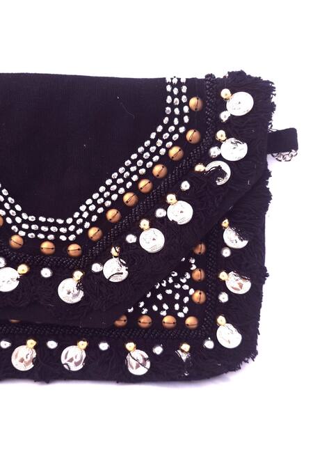 Shop_A Clutch Story_Black Fringe, Beads Marble Boho Coin Clutch Bag _Online_at_Aza_Fashions