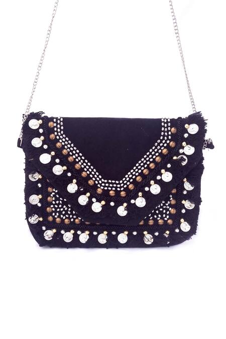 Buy_A Clutch Story_Black Fringe, Beads Marble Boho Coin Clutch Bag _Online_at_Aza_Fashions