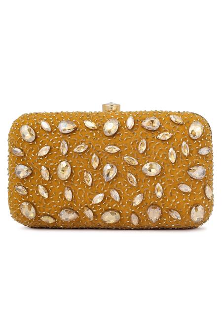 Buy_A Clutch Story_Yellow Crystals, Embroidery Velvet Studded Clutch _Online_at_Aza_Fashions