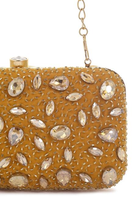 A Clutch Story_Yellow Crystals, Embroidery Velvet Studded Clutch _at_Aza_Fashions