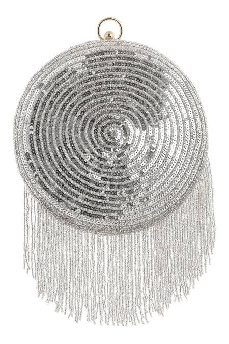 A Clutch Story_Silver Sequins, Tassels Silk Disco Ball Clutch_Online_at_Aza_Fashions