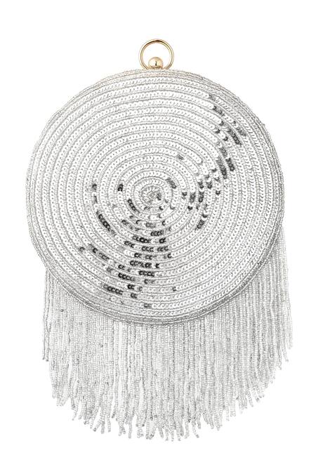 Buy_A Clutch Story_Silver Sequins, Tassels Silk Disco Ball Clutch_Online_at_Aza_Fashions