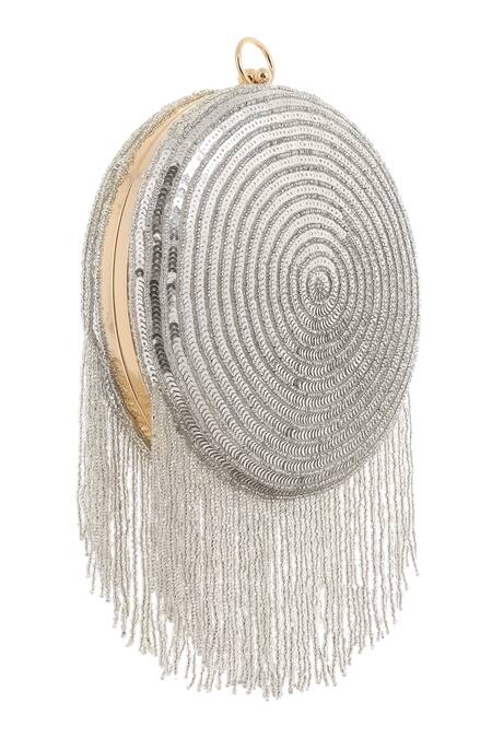 A Clutch Story_Silver Sequins, Tassels Silk Disco Ball Clutch_at_Aza_Fashions