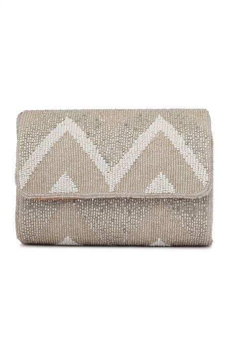 A Clutch Story_Silver Embroidery, Pearls Suede Metallic Zig Zag Flapover Clutch_Online_at_Aza_Fashions