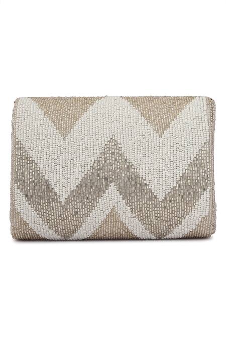 Buy_A Clutch Story_Silver Embroidery, Pearls Suede Metallic Zig Zag Flapover Clutch_Online_at_Aza_Fashions