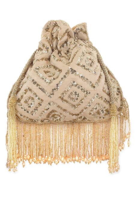 A Clutch Story_Beige Embellished Silk Rhombus Sparkle Potli_Online_at_Aza_Fashions
