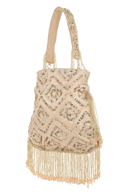 Buy_A Clutch Story_Beige Embellished Silk Rhombus Sparkle Potli_Online_at_Aza_Fashions