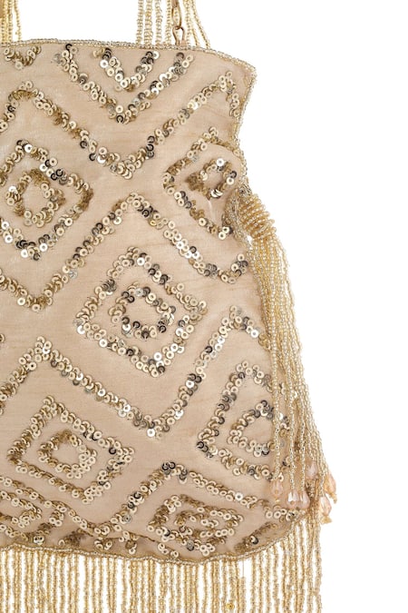 A Clutch Story_Beige Embellished Silk Rhombus Sparkle Potli_at_Aza_Fashions